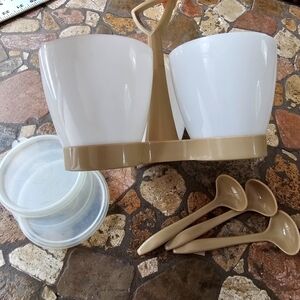 Vintage Tupperware Condiment Caddy with Serving Spoons and Seals Lids 757-3